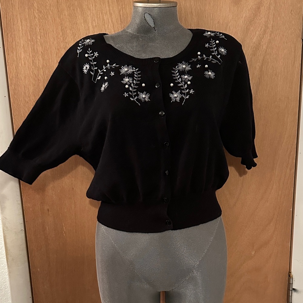 Torrid Black Floral Embroidered Short Sleeved Cardigan
